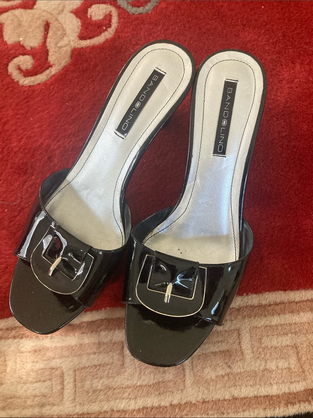 Bandolino Black Patent Slide Mules with Buckle Accent